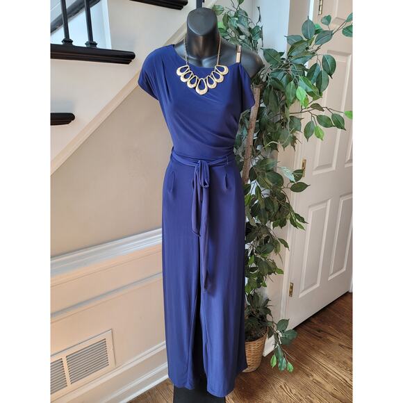 R and M Richards Jumpsuit Women Size 6 Blue One Shoulder Tie Waist Wide Leg - Picture 2 of 16